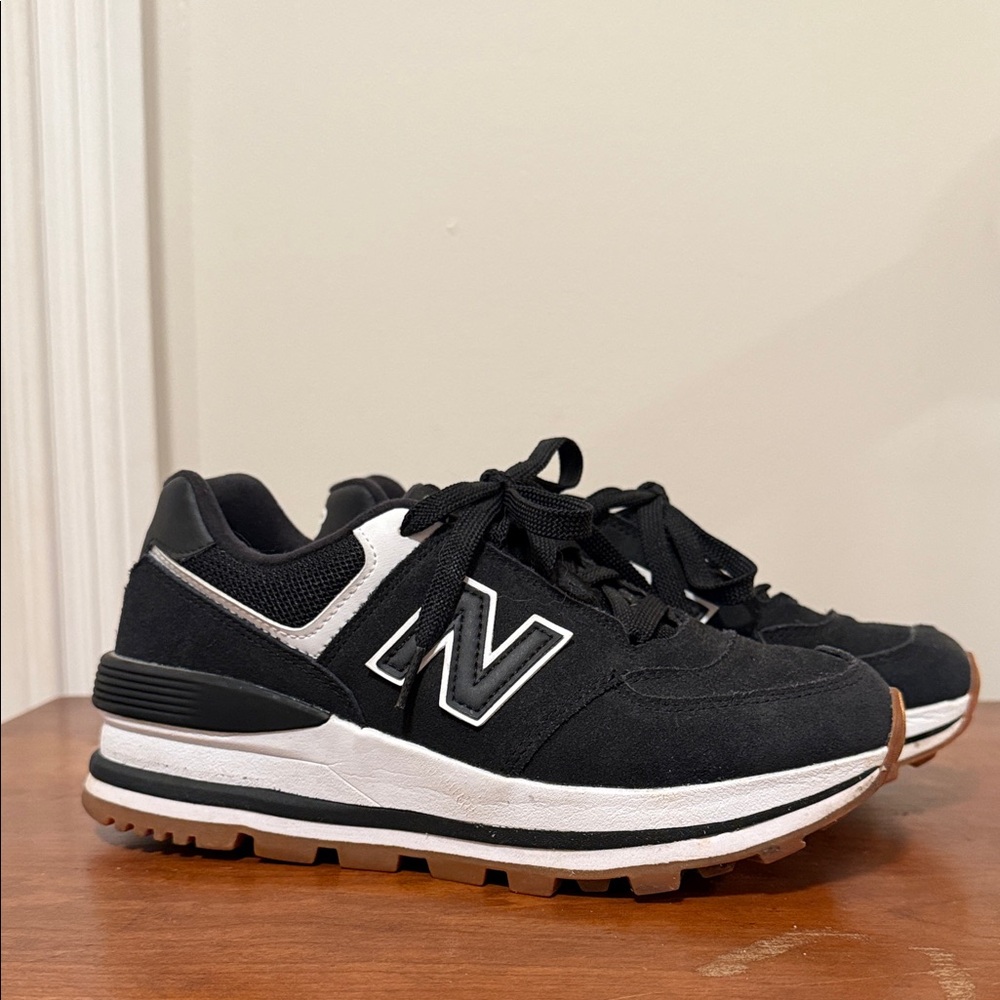 New Balance 574 Suede Platform Black and White Athletic Shoes